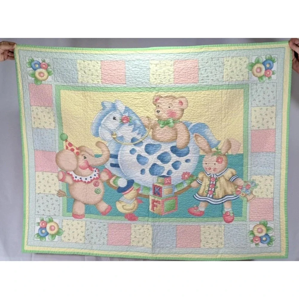 Vintage Style Nursery Baby Quilt Teddy Bear Rocking Horse‎ Elephant Bunny Pastel